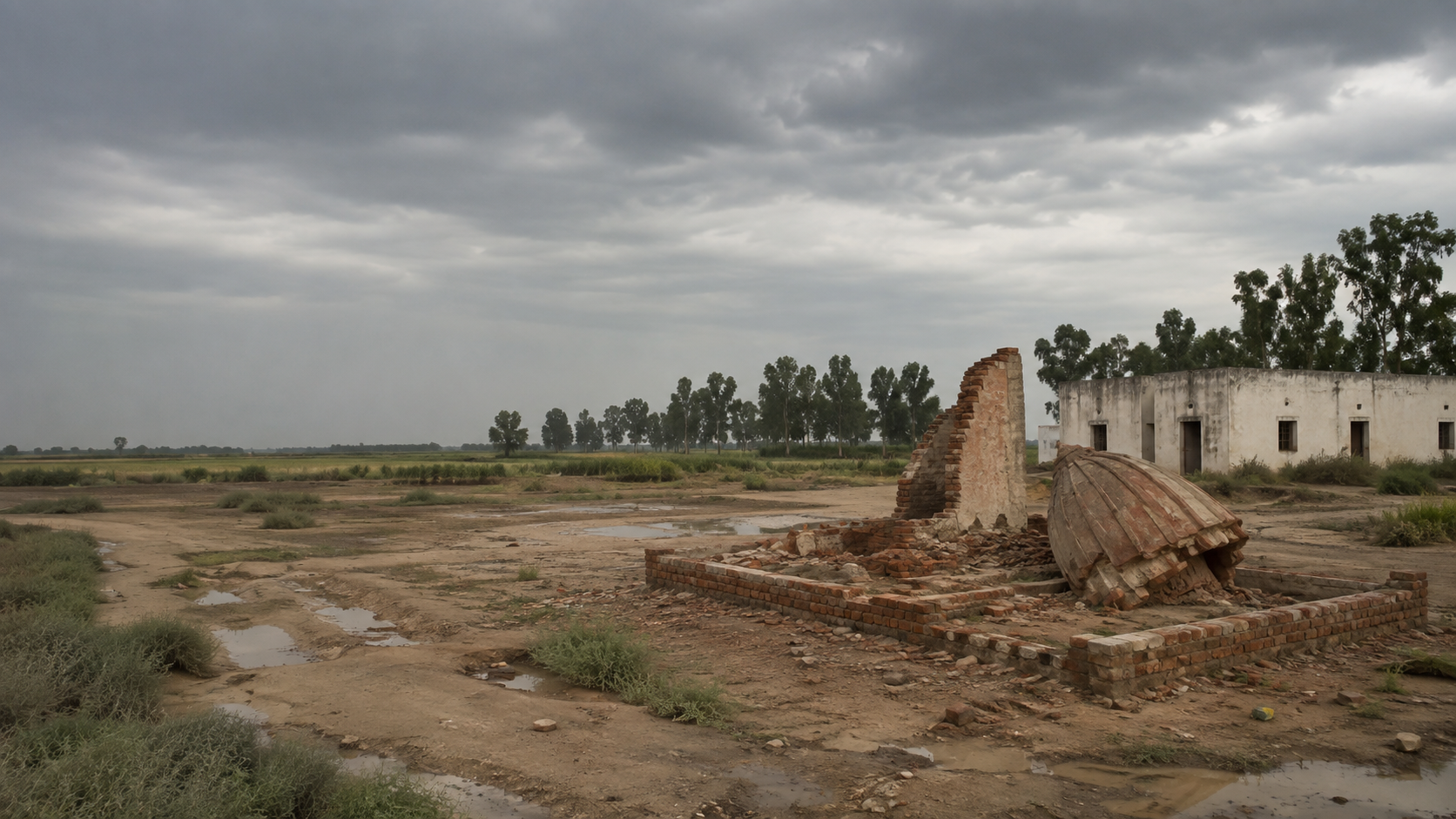 Illustration of a demolished century-old Hindu temple site in Siraj village, Narowal district, Pakistan, with a plain building standing nearby.